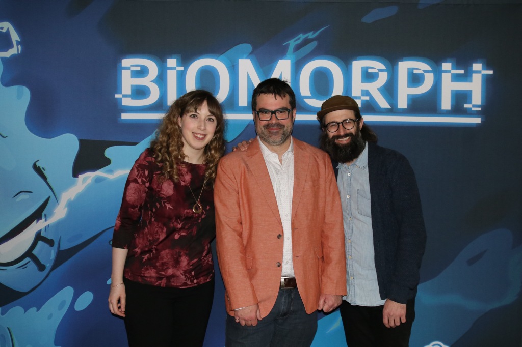 photo du lancement de Biomorph avec Laurence Manning, Maxime Grégoire et William Gough